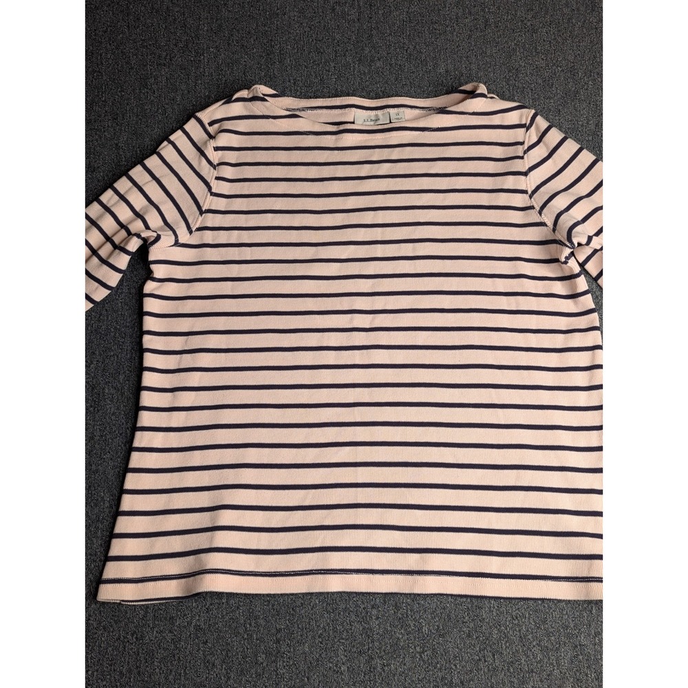 LL Bean Womens 1X Pink‎ Navy Blue Striped Cotton Ribbed Boat Neck Top